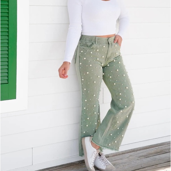 POL Pearl Beaded Distressed Raw Hem Straight Leg Denim Sage Green - Picture 2 of 9